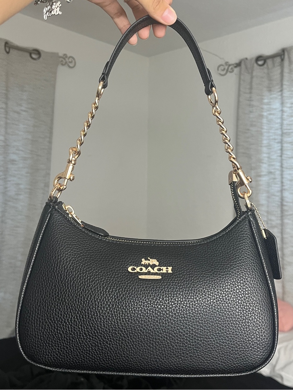 Coach Teri Black Pebbled Leather Shoulder Bag with Gold Hardware